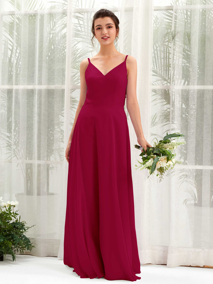 A-line Spaghetti-straps V-neck Sleeveless Chiffon Bridesmaid Dress - Jester Red (81220641)