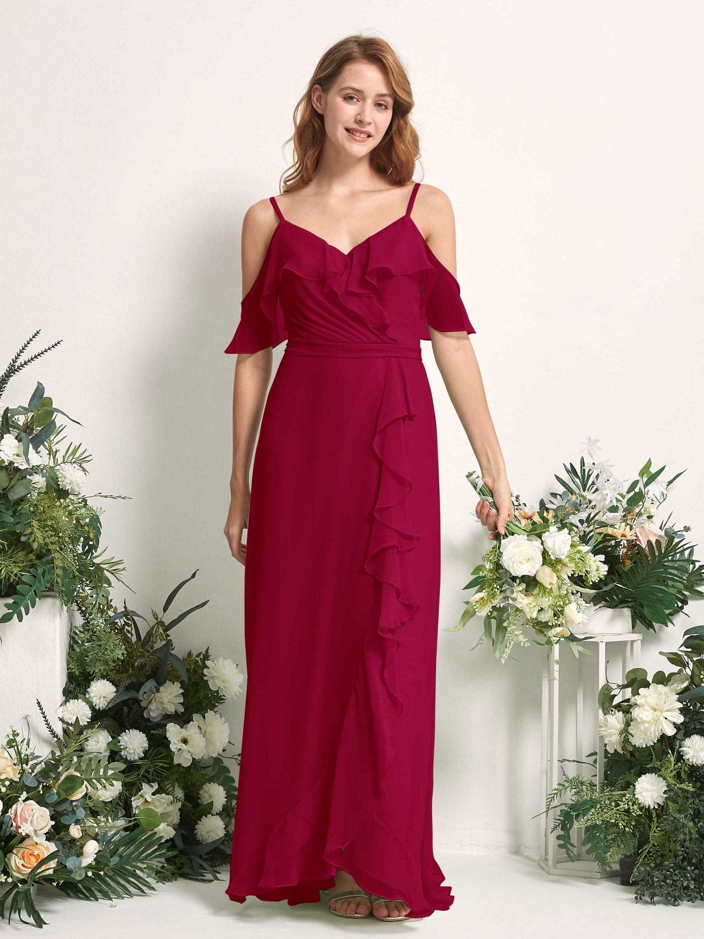 Carlyna Yvette A-Line Jester Red Bridesmaid Dress Maxi Sleeveless V-Neck Dress #color_jester-red