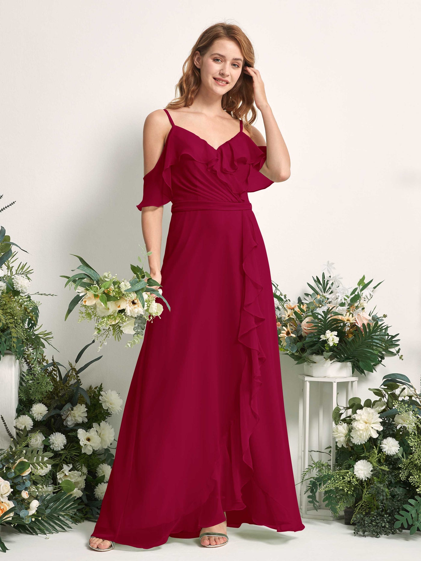 Carlyna Yvette A-Line Jester Red Bridesmaid Dress Maxi Sleeveless V-Neck Dress #color_jester-red