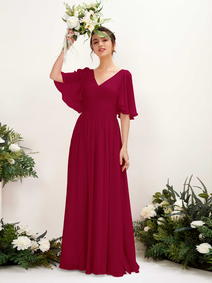 A-line V-neck 1/2 Sleeves Chiffon Bridesmaid Dress - Jester Red (81221641)