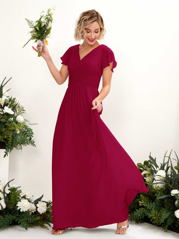 A-line V-neck Cap Sleeves Chiffon Bridesmaid Dress - Jester Red (81224341)