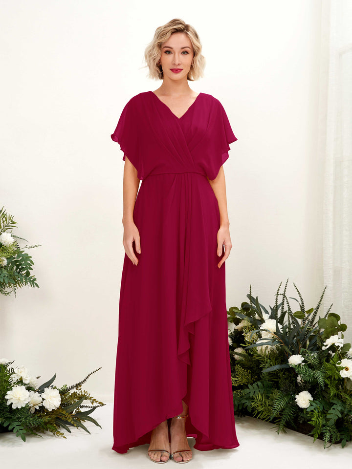 A-line V-neck Short Sleeves Chiffon Bridesmaid Dress - Jester Red (81222141)