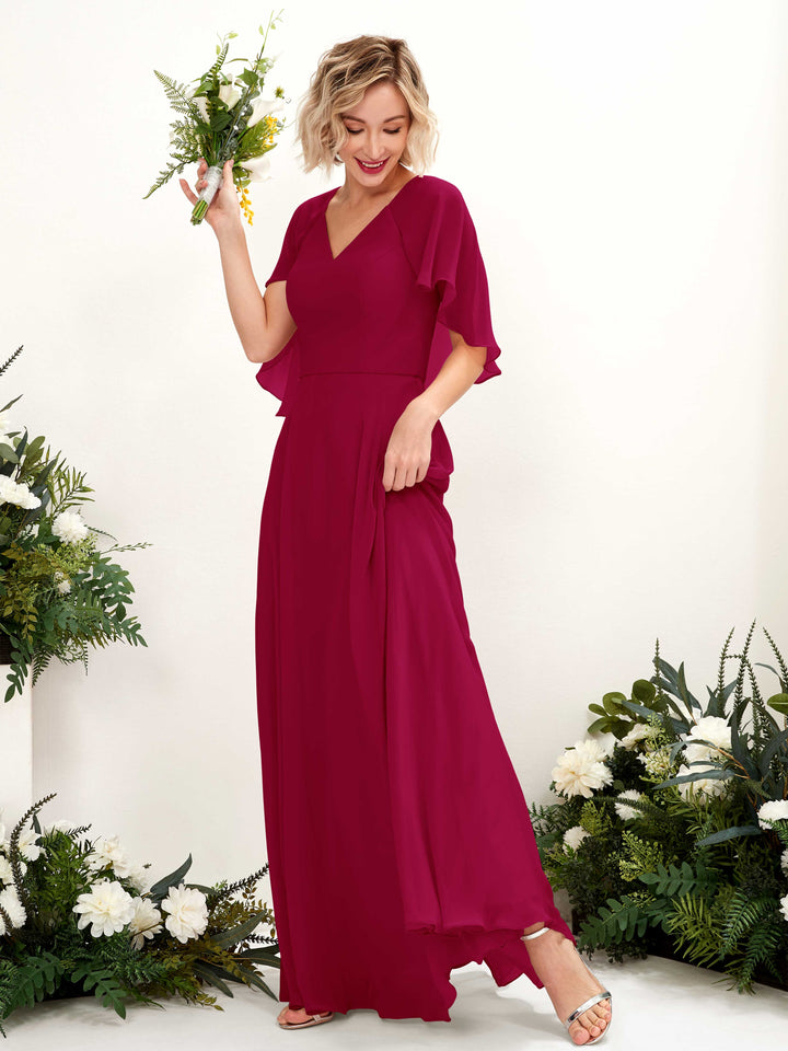 A-line V-neck Short Sleeves Chiffon Bridesmaid Dress - Jester Red (81224441)