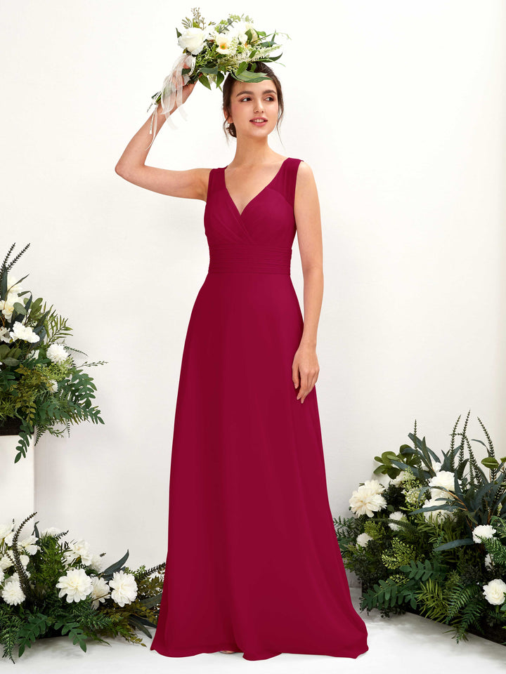 A-line V-neck Sleeveless Chiffon Bridesmaid Dress - Jester Red (81220941)