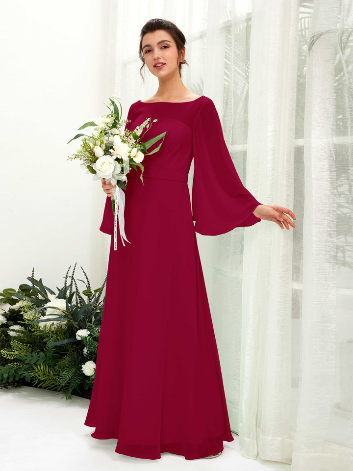 Bateau Illusion Long Sleeves Chiffon Bridesmaid Dress - Jester Red (81220541)