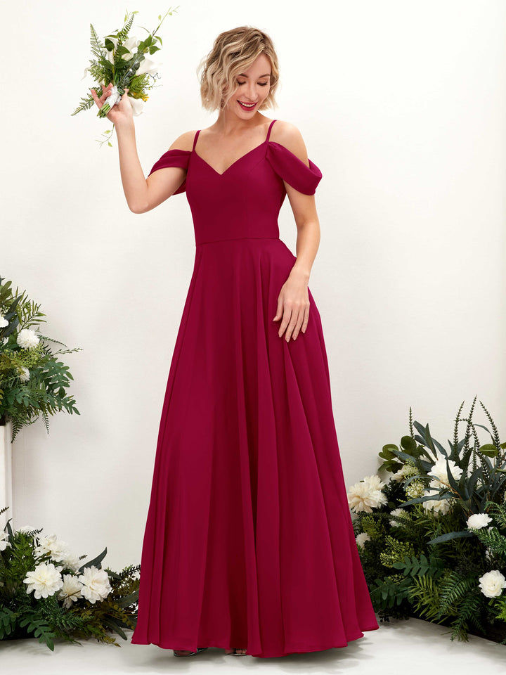 Off Shoulder Straps V-neck Sleeveless Chiffon Bridesmaid Dress - Jester Red (81224941)