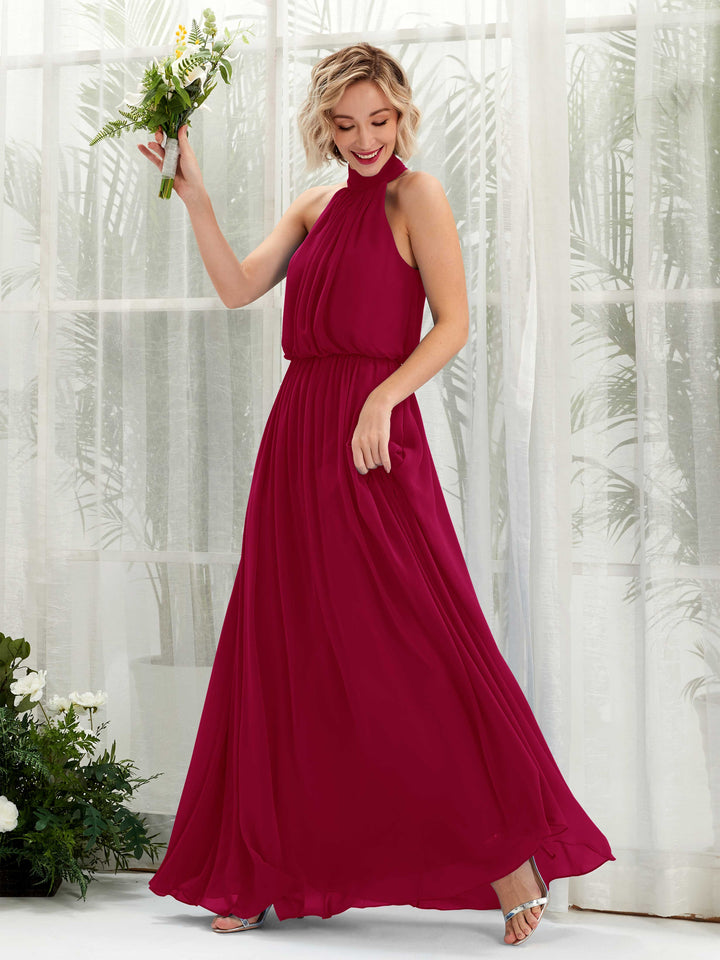 Halter Sleeveless Chiffon Bridesmaid Dress - Jester Red (81222941)