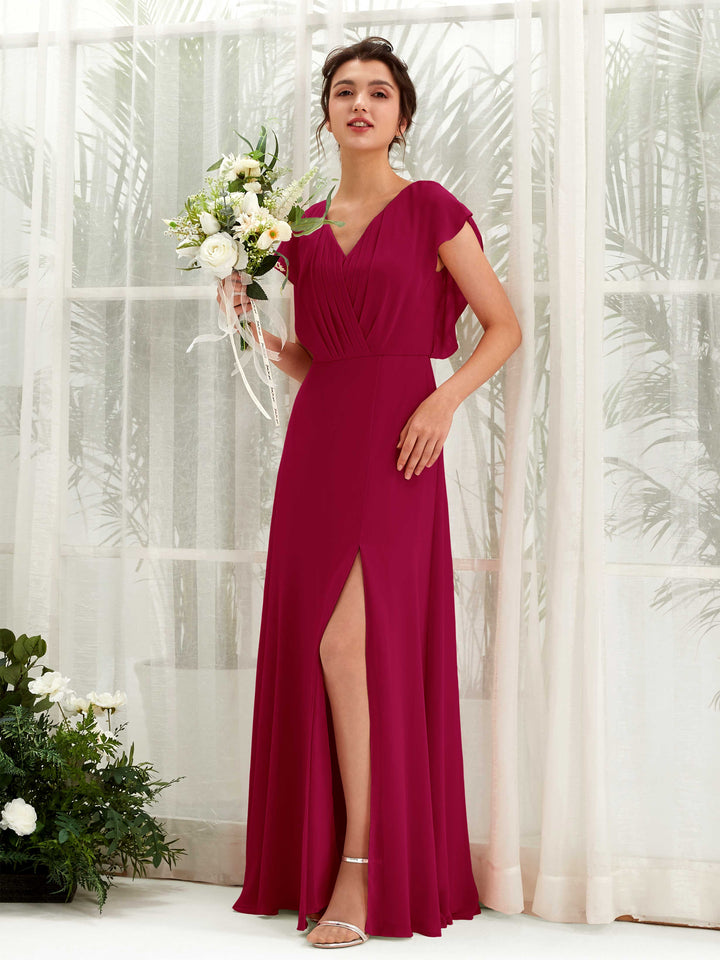 V-neck Cap Sleeves Bridesmaid Dress - Jester Red (81225641)