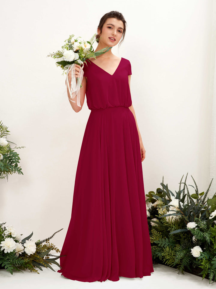 V-neck Cap Sleeves Chiffon Bridesmaid Dress - Jester Red (81221841)