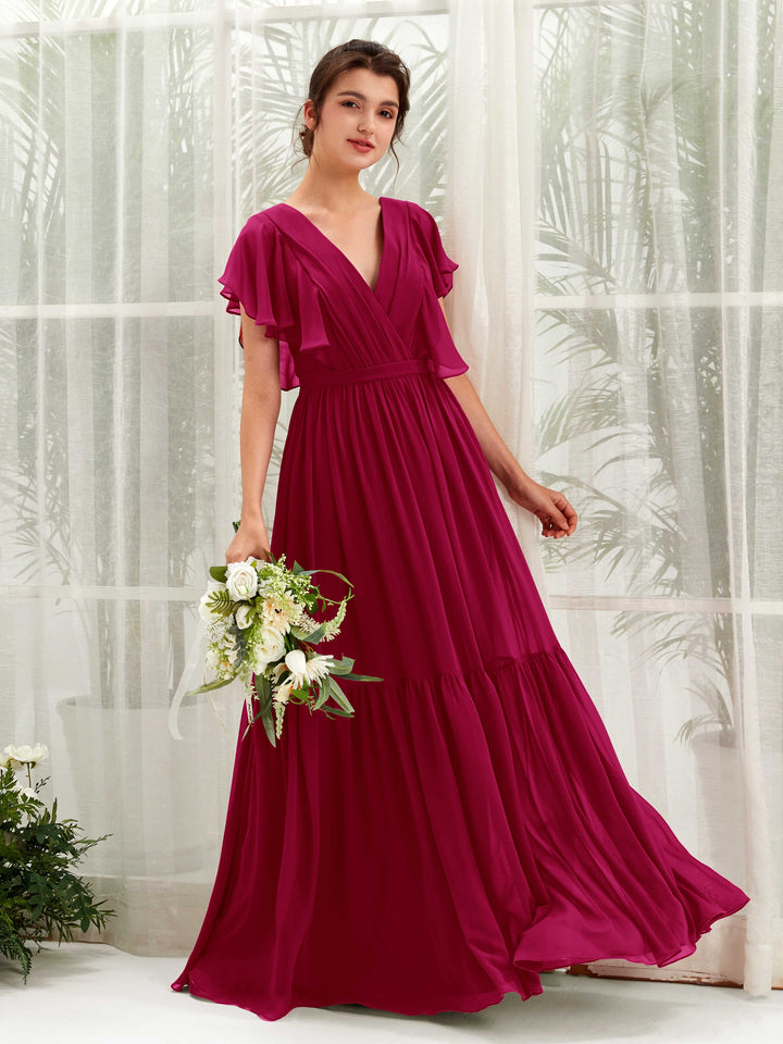 V-neck Cap Sleeves Chiffon Bridesmaid Dress - Jester Red (81225941)