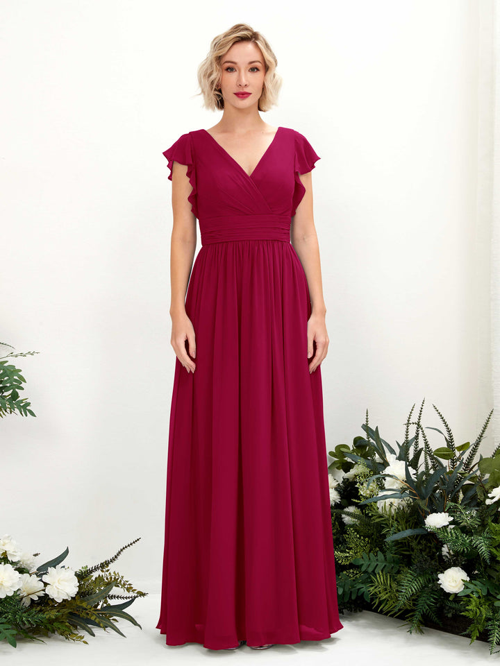 V-neck Short Sleeves Chiffon Bridesmaid Dress - Jester Red (81222741)