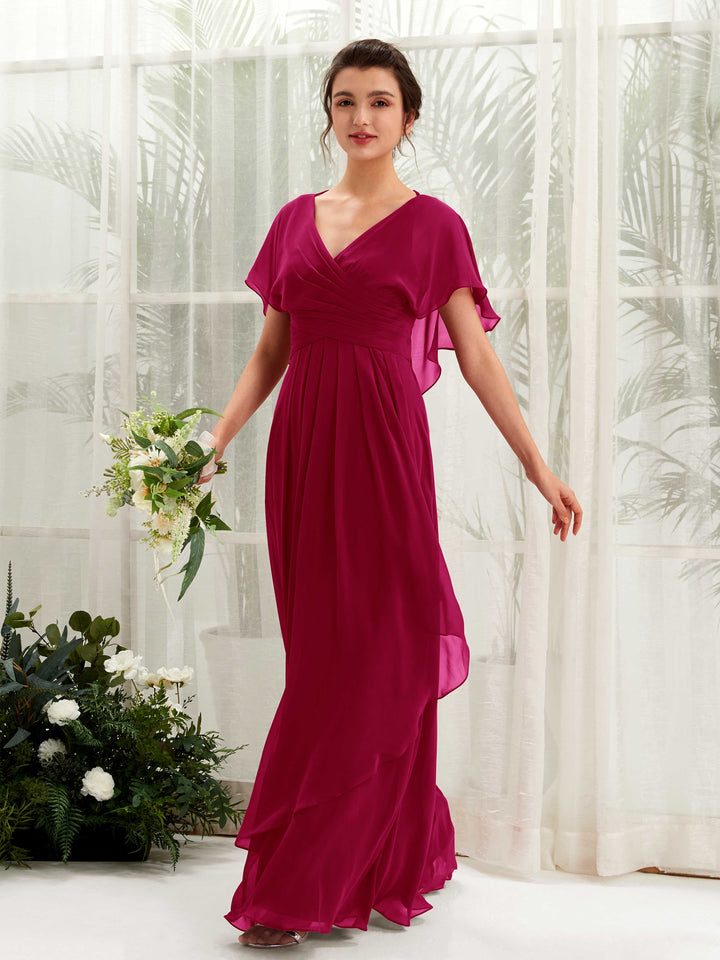 V-neck Short Sleeves Chiffon Bridesmaid Dress - Jester Red (81226141)