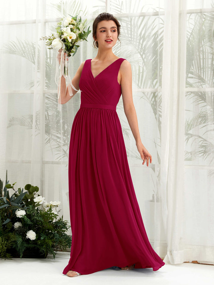 V-neck Sleeveless Chiffon Bridesmaid Dress - Jester Red (81223641)