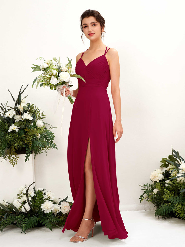 Straps V-neck Sleeveless Chiffon Bridesmaid Dress - Jester Red (81225441)