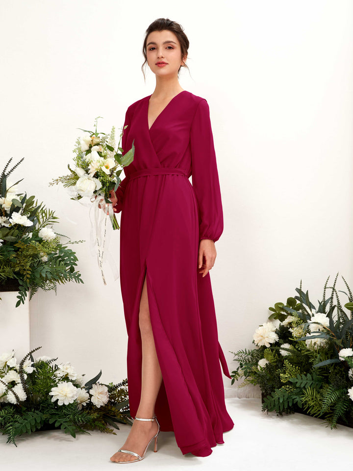 V-neck Long Sleeves Chiffon Bridesmaid Dress - Jester Red (81223241)