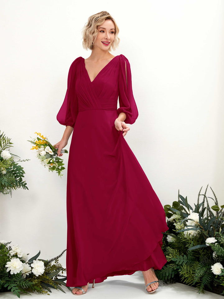 V-neck 3/4 Sleeves Chiffon Bridesmaid Dress - Jester Red (81223541)