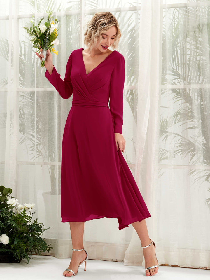 V-neck Long Sleeves Chiffon Bridesmaid Dress - Jester Red (81223341)