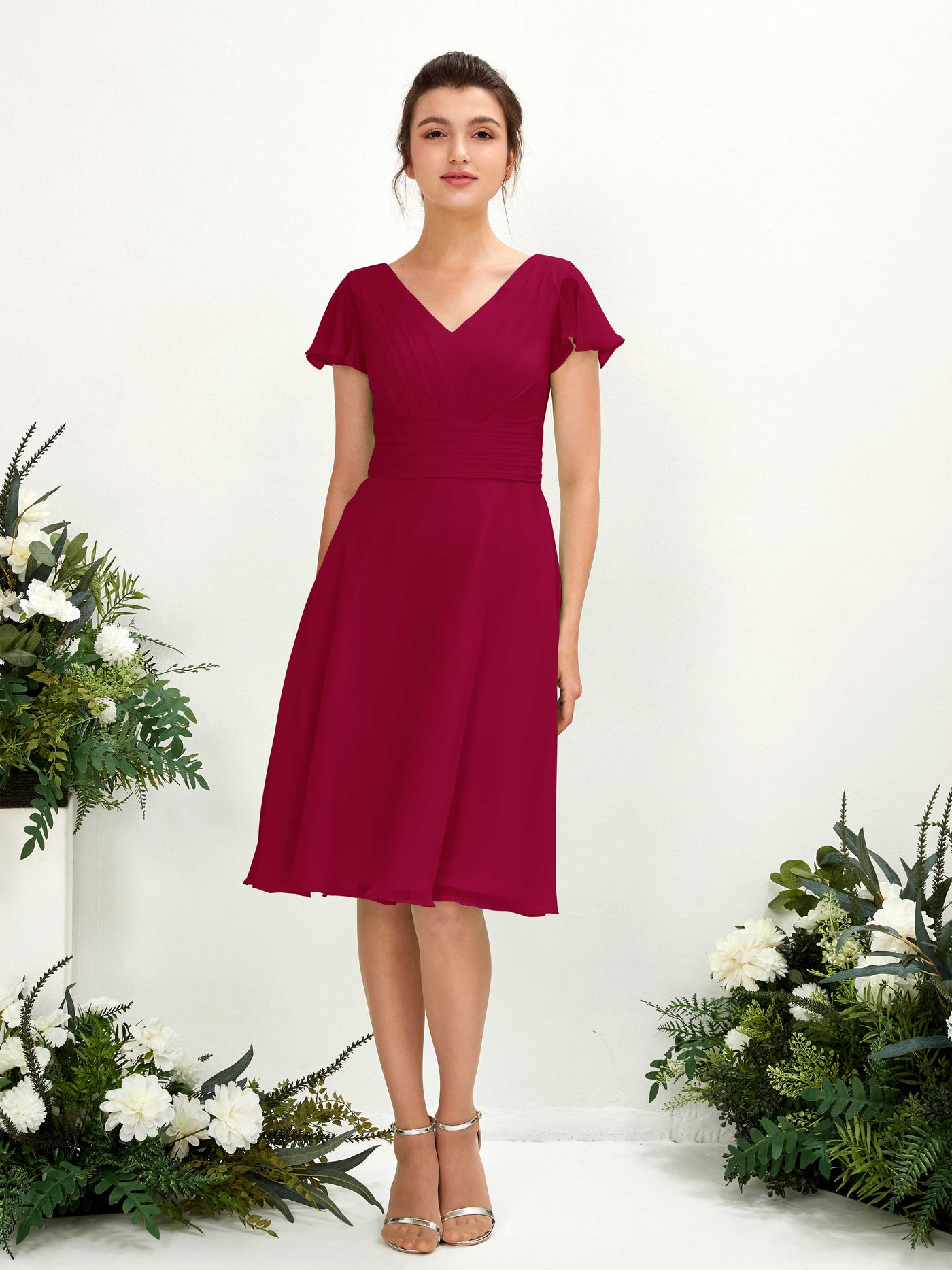 Carlyna Betty A-Line Jester Red Bridesmaid Dress Knee-Length Short Sleeve V-Neck Dress #color_jester-red