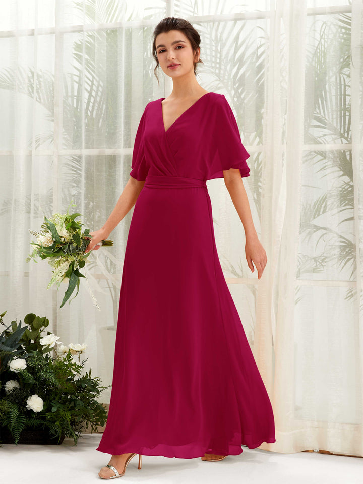 V-neck Short Sleeves Chiffon Bridesmaid Dress - Jester Red (81222441)