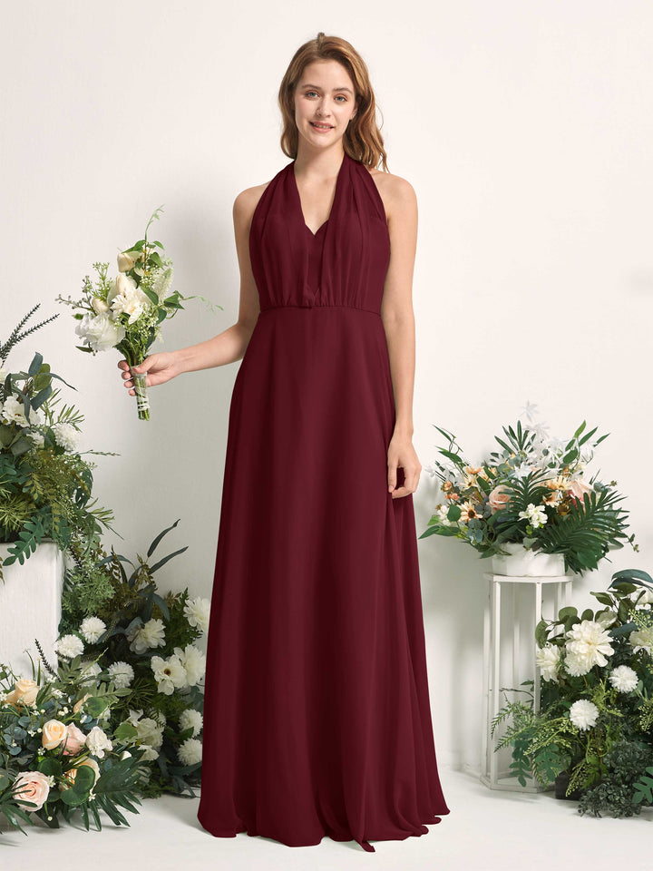 Bridesmaid Dress A-line Chiffon Halter Full Length Short Sleeves Wedding Party Dress - Burgundy (81226312)