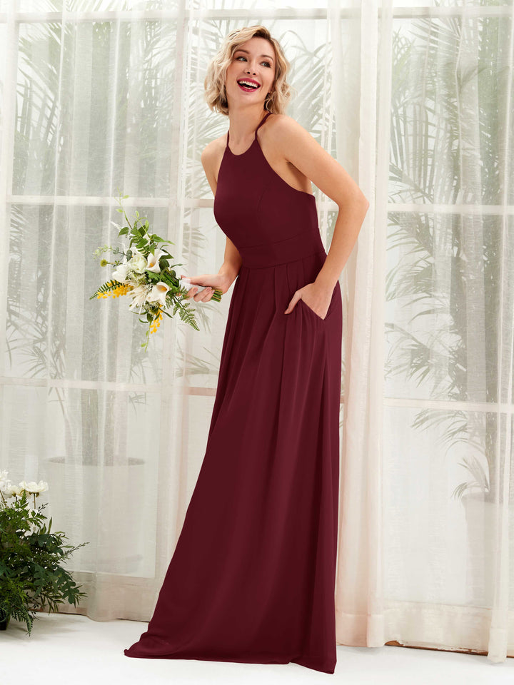 A-line Ball Gown Halter Spaghetti-straps Sleeveless Bridesmaid Dress - Burgundy (81225212)