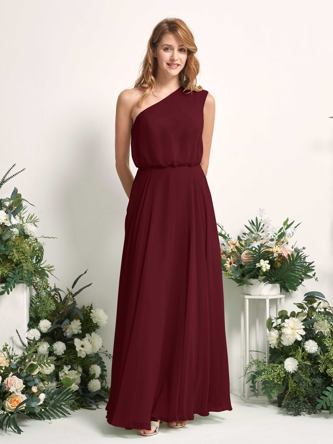 Bridesmaid Dress A-line Chiffon One Shoulder Full Length Sleeveless Wedding Party Dress - Burgundy (81226812)#color_burgundy