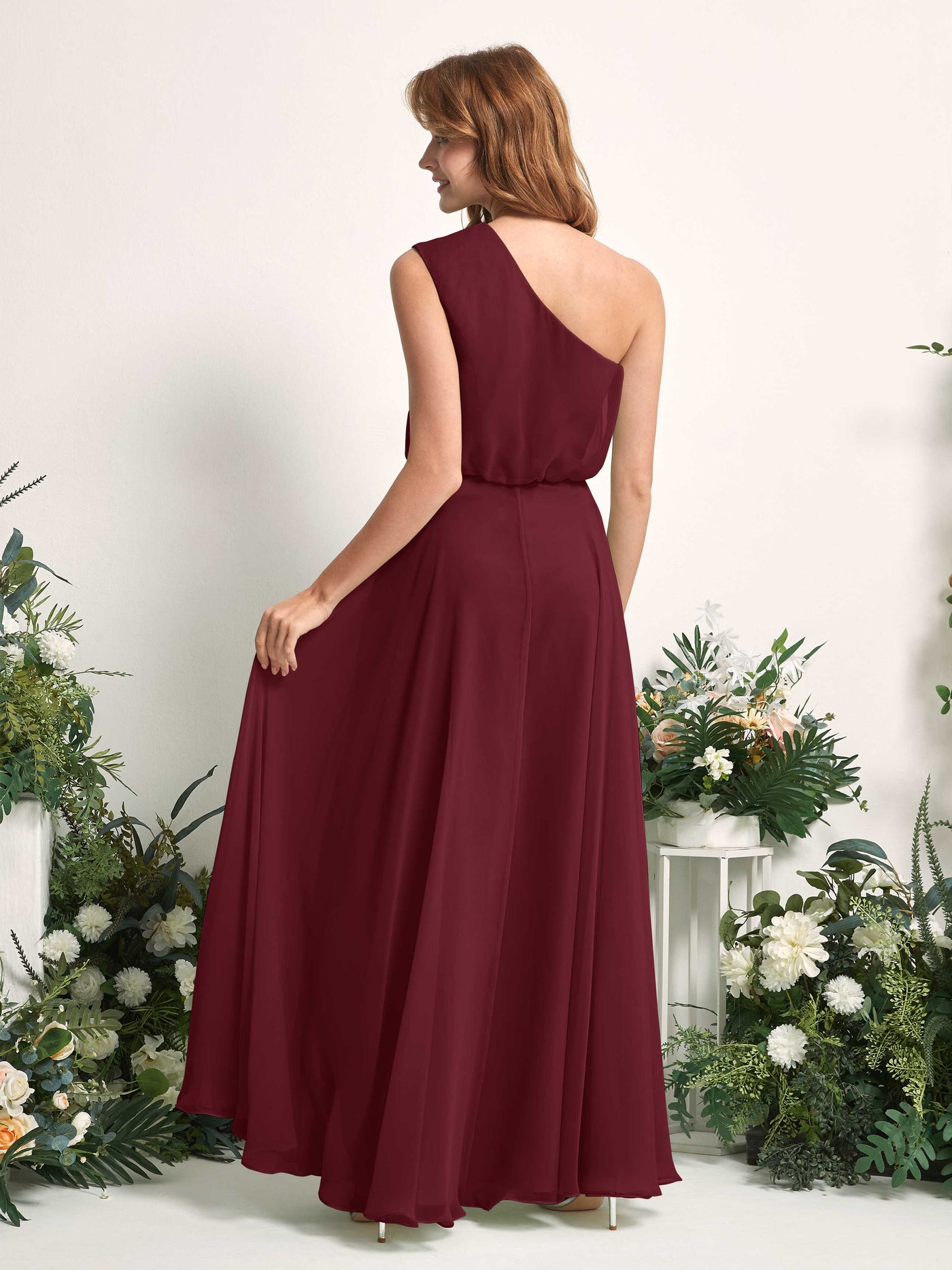 Bridesmaid Dress A-line Chiffon One Shoulder Full Length Sleeveless Wedding Party Dress - Burgundy (81226812)#color_burgundy