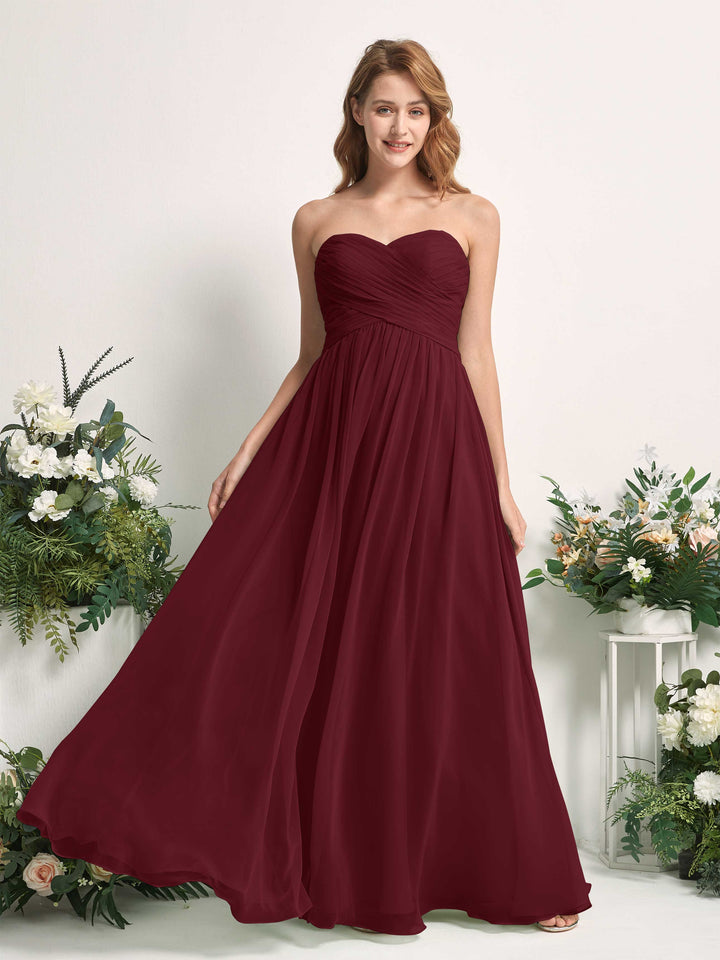 Bridesmaid Dress A-line Chiffon Sweetheart Full Length Sleeveless Wedding Party Dress - Burgundy (81226912)