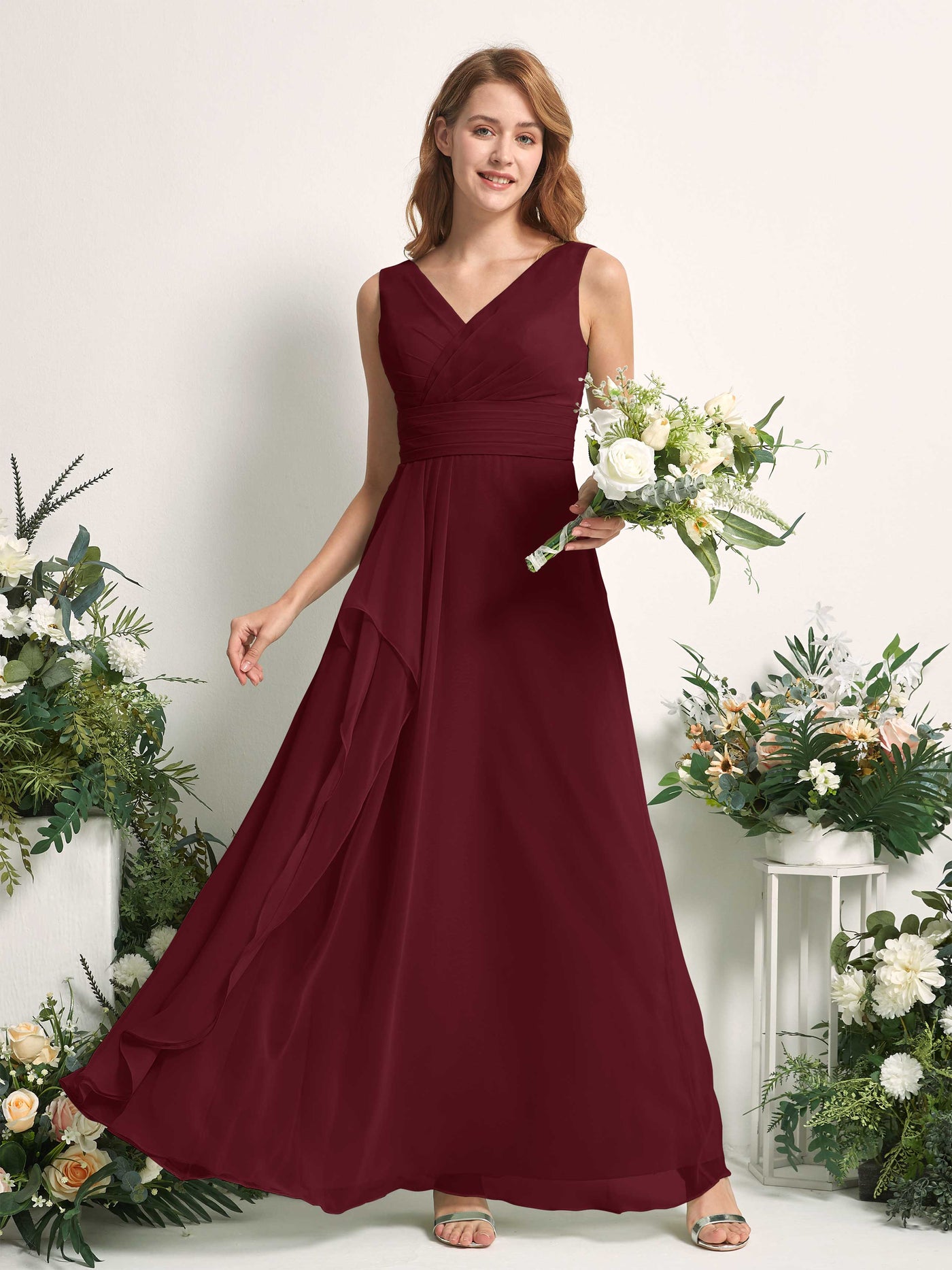 Carlyna Mollie A-Line Burgundy Bridesmaid Dress Maxi Sleeveless V-Neck Dress #color_burgundy