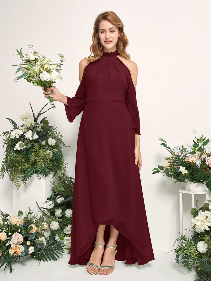 Bridesmaid Dress A-line Chiffon Halter High Low 3/4 Sleeves Wedding Party Dress - Burgundy (81227612)