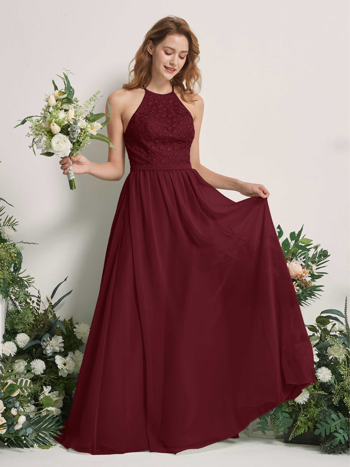 Burgundy Bridesmaid Dresses A-line Halter Sleeveless Chiffon Dresses (83220812)