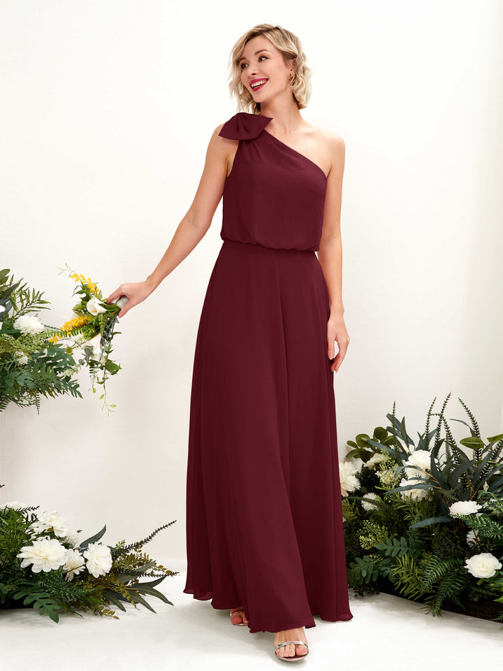 A-line One Shoulder Sleeveless Chiffon Bridesmaid Dress - Burgundy (81225512)