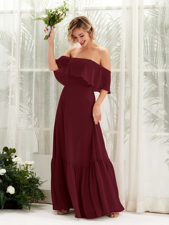 A-line Off Shoulder Chiffon Bridesmaid Dress - Burgundy (81224512)