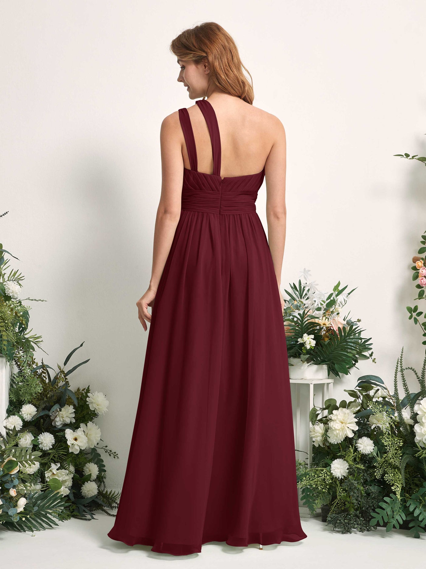 Carlyna Evelyn A-Line Burgundy Bridesmaid Dress Maxi Sleeveless One Shoulder Dress #color_burgundy