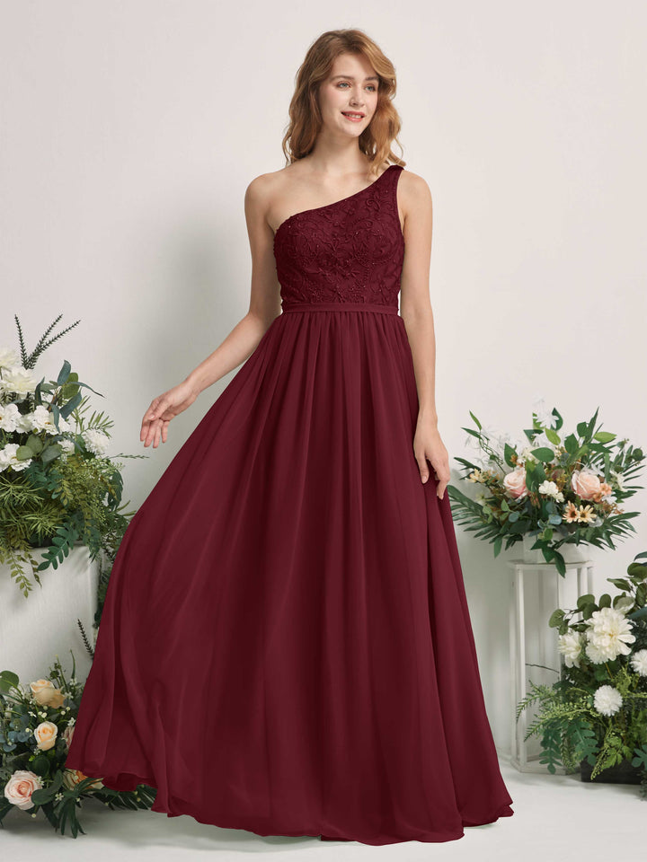 Burgundy Bridesmaid Dresses A-line Open back One Shoulder Sleeveless Dresses (83220512)