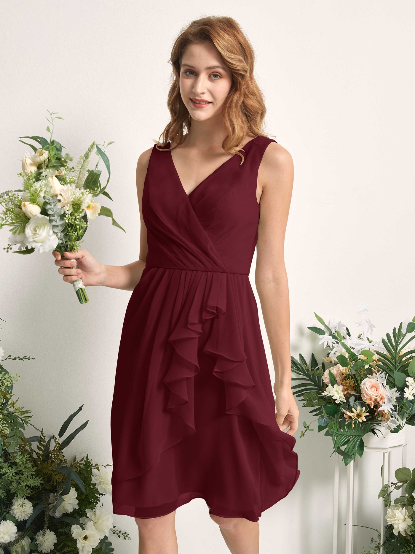 Bridesmaid Dress A-line Chiffon Straps Knee Length Sleeveless Wedding Party Dress - Burgundy (81226612)#color_burgundy