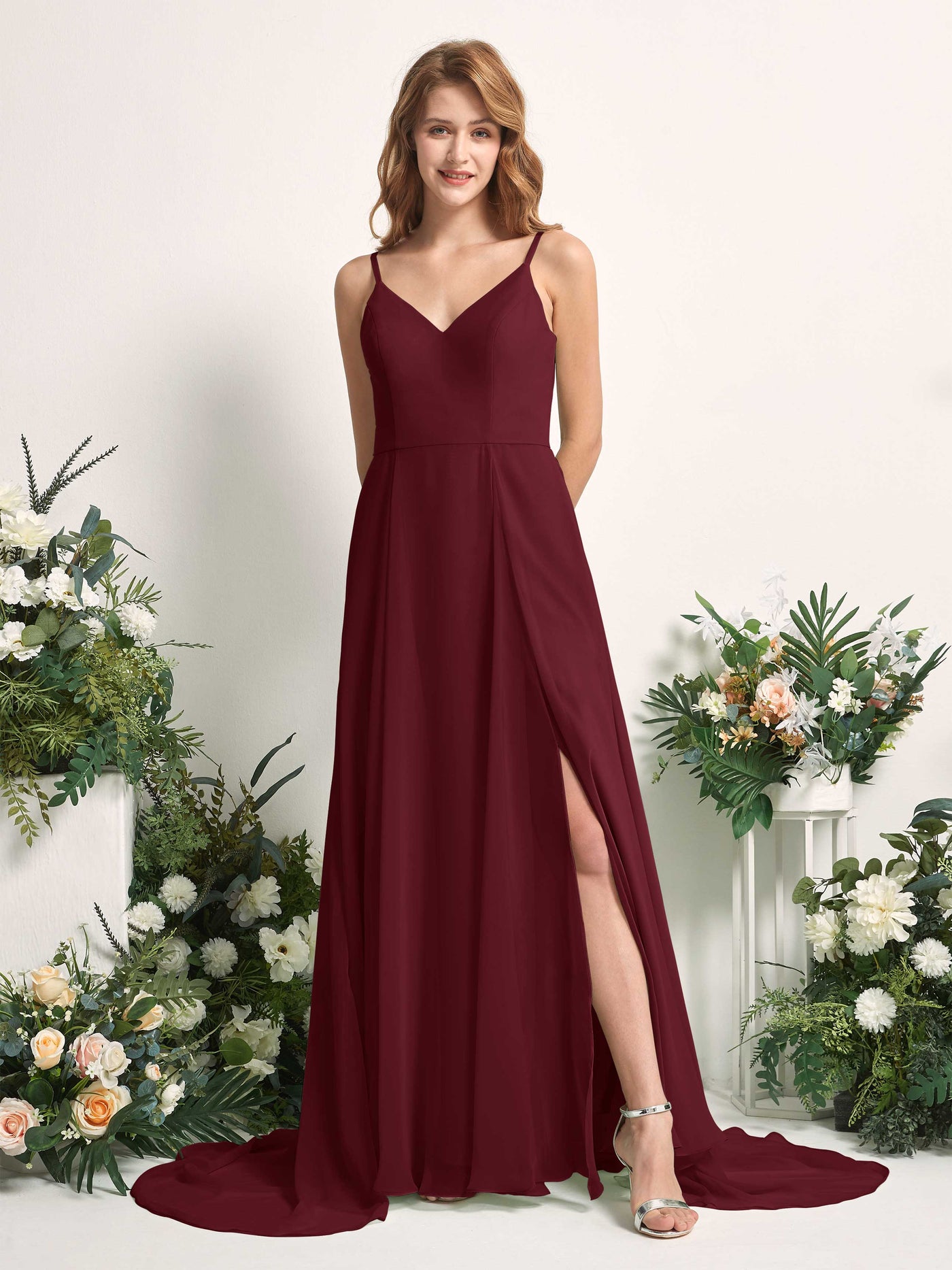 Bridesmaid Dress A-line Chiffon Spaghetti-straps Full Length Sleeveless Wedding Party Dress - Burgundy (81227712)#color_burgundy