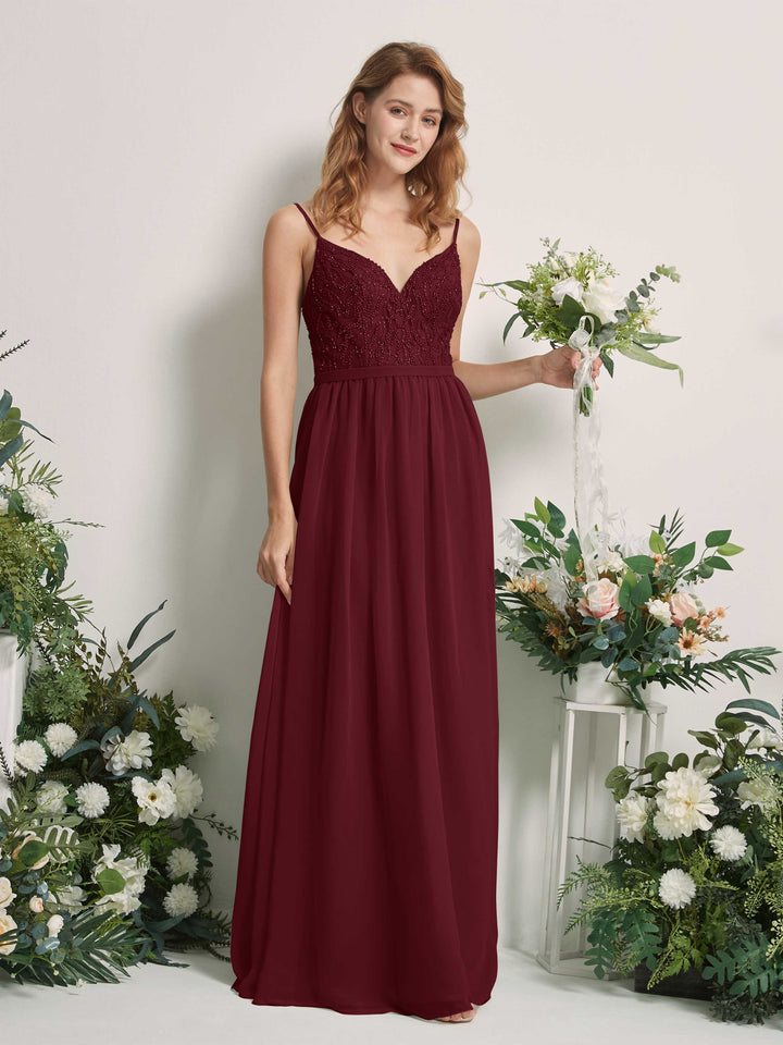 Burgundy Bridesmaid Dresses A-line Spaghetti-straps Sleeveless Chiffon Dresses (81226512)