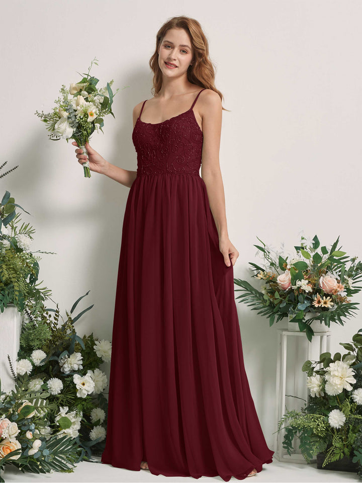 Burgundy Bridesmaid Dresses A-line Spaghetti-straps Sleeveless Chiffon Dresses (83221212)