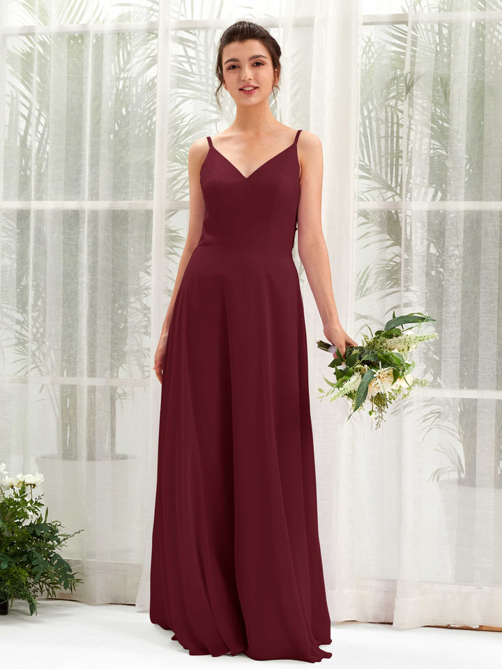 A-line Spaghetti-straps V-neck Sleeveless Chiffon Bridesmaid Dress - Burgundy (81220612)