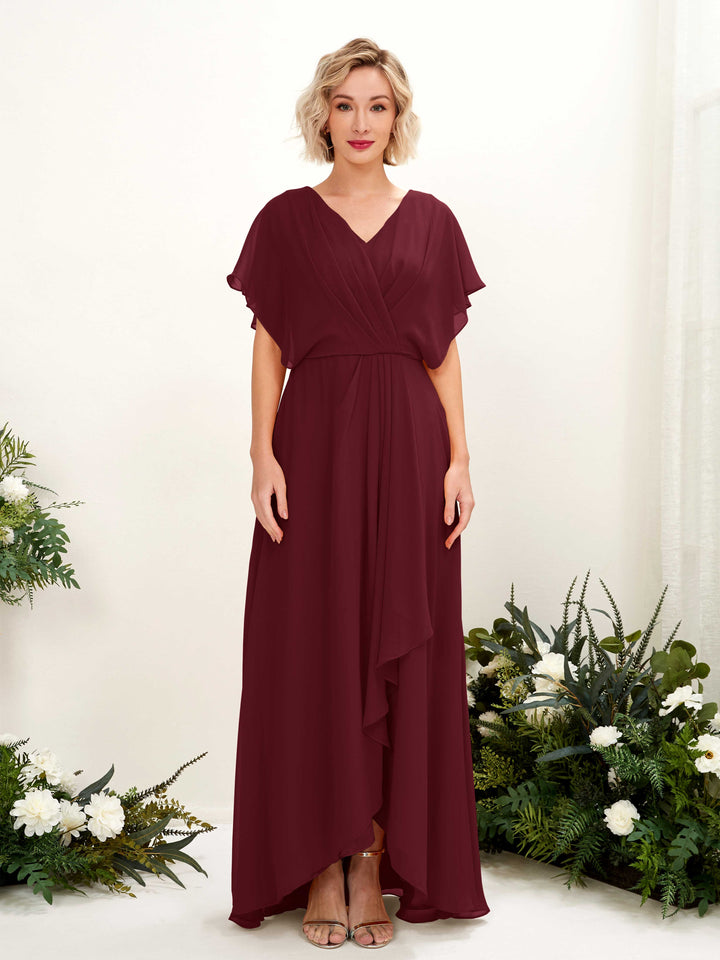 A-line V-neck Short Sleeves Chiffon Bridesmaid Dress - Burgundy (81222112)