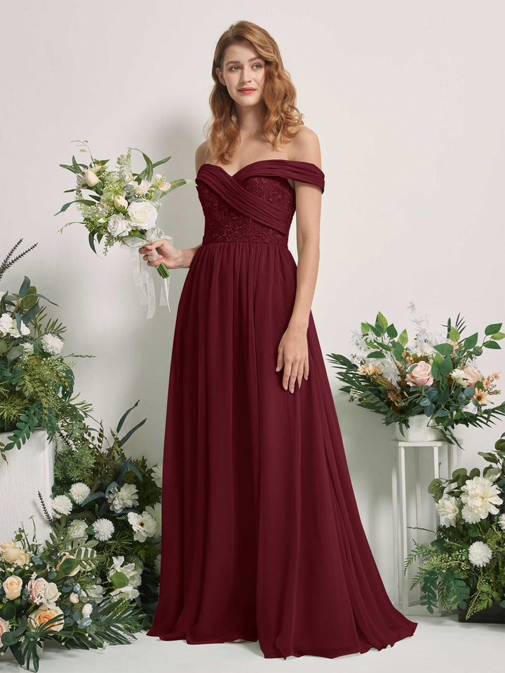 Burgundy Bridesmaid Dresses Ball Gown Off Shoulder Sleeveless Chiffon Dresses (83220412)