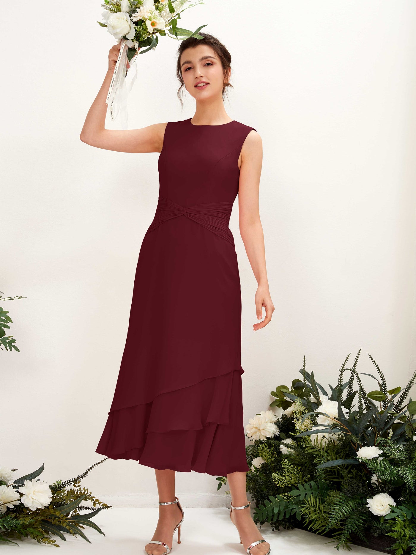 Mermaid/Trumpet Round Sleeveless Chiffon Bridesmaid Dress - Burgundy (81221912)#color_burgundy