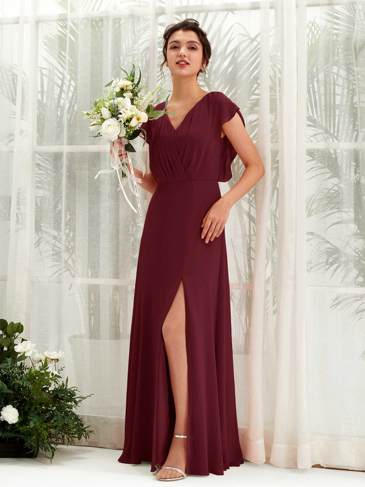 V-neck Cap Sleeves Bridesmaid Dress - Burgundy (81225612)