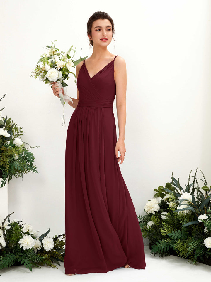 Carlyna Dira A-Line Burgundy Bridesmaid Dress Maxi Sleeveless V-Neck Dress 