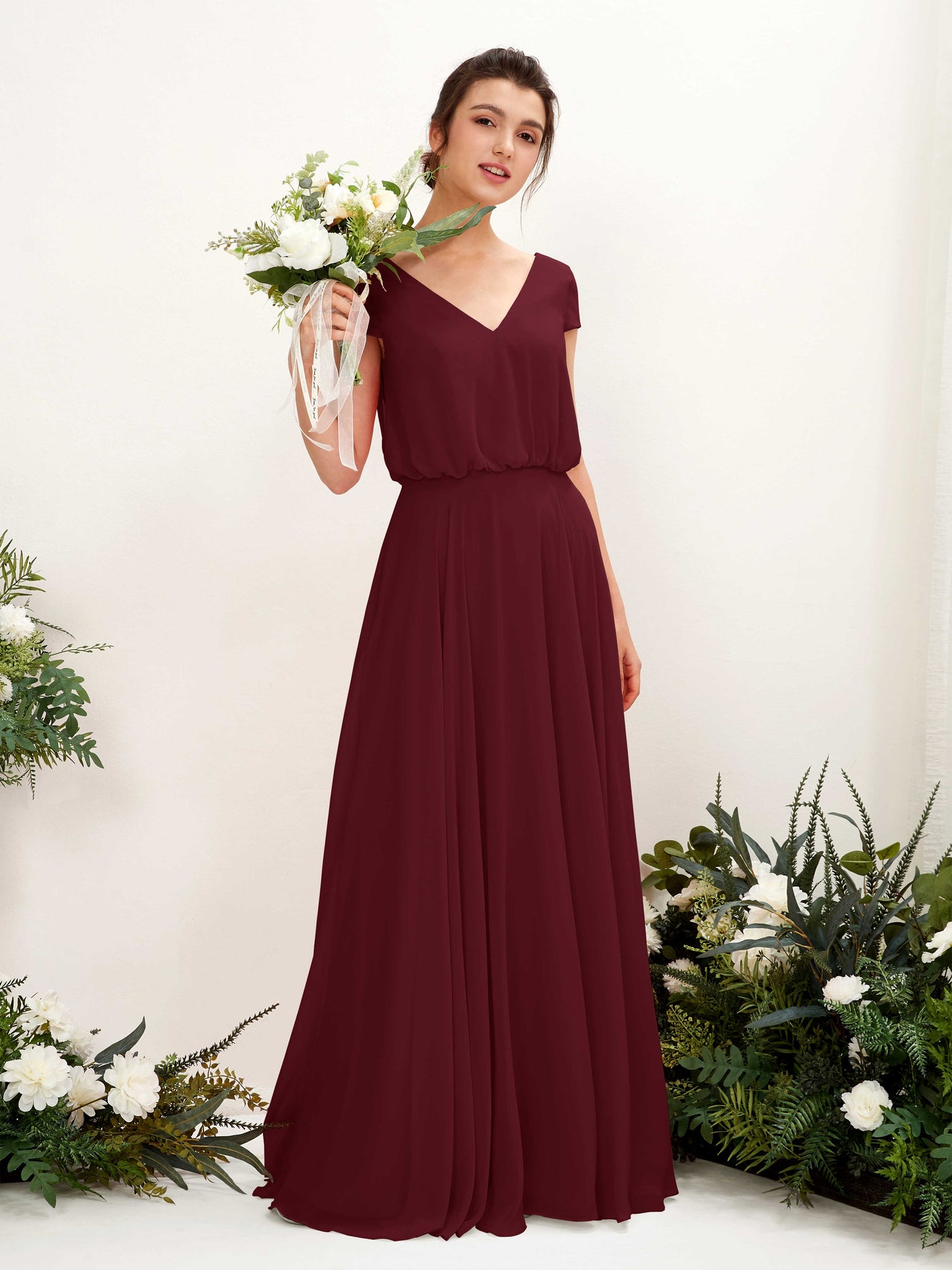 Carlyna Pauline A-Line Burgundy Bridesmaid Dress Maxi Cap Sleeve V-Neck Dress #color_burgundy