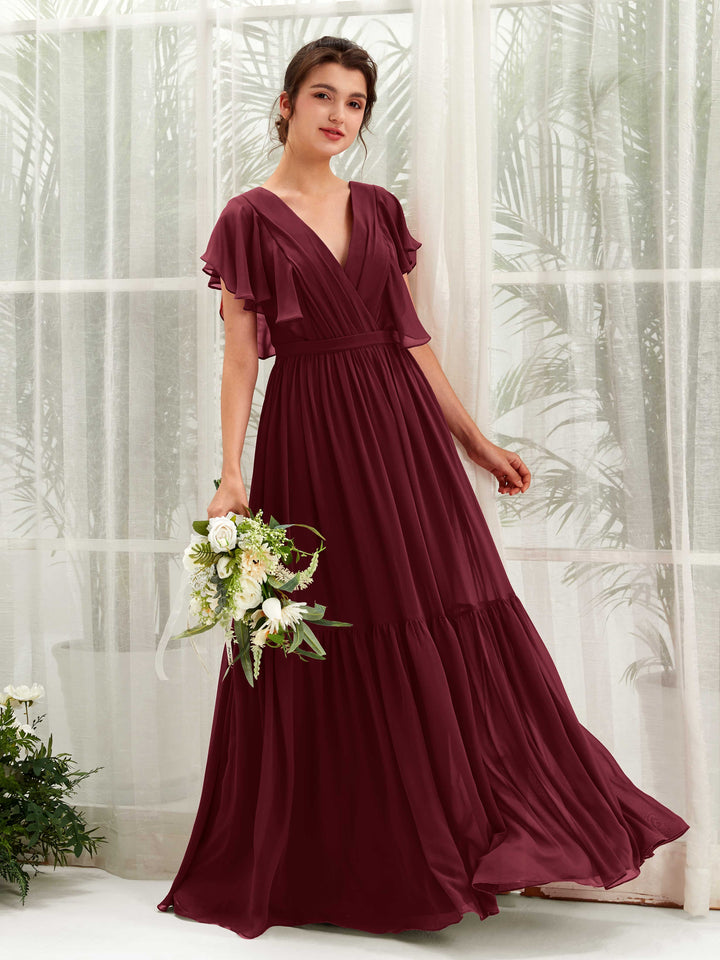 V-neck Cap Sleeves Chiffon Bridesmaid Dress - Burgundy (81225912)