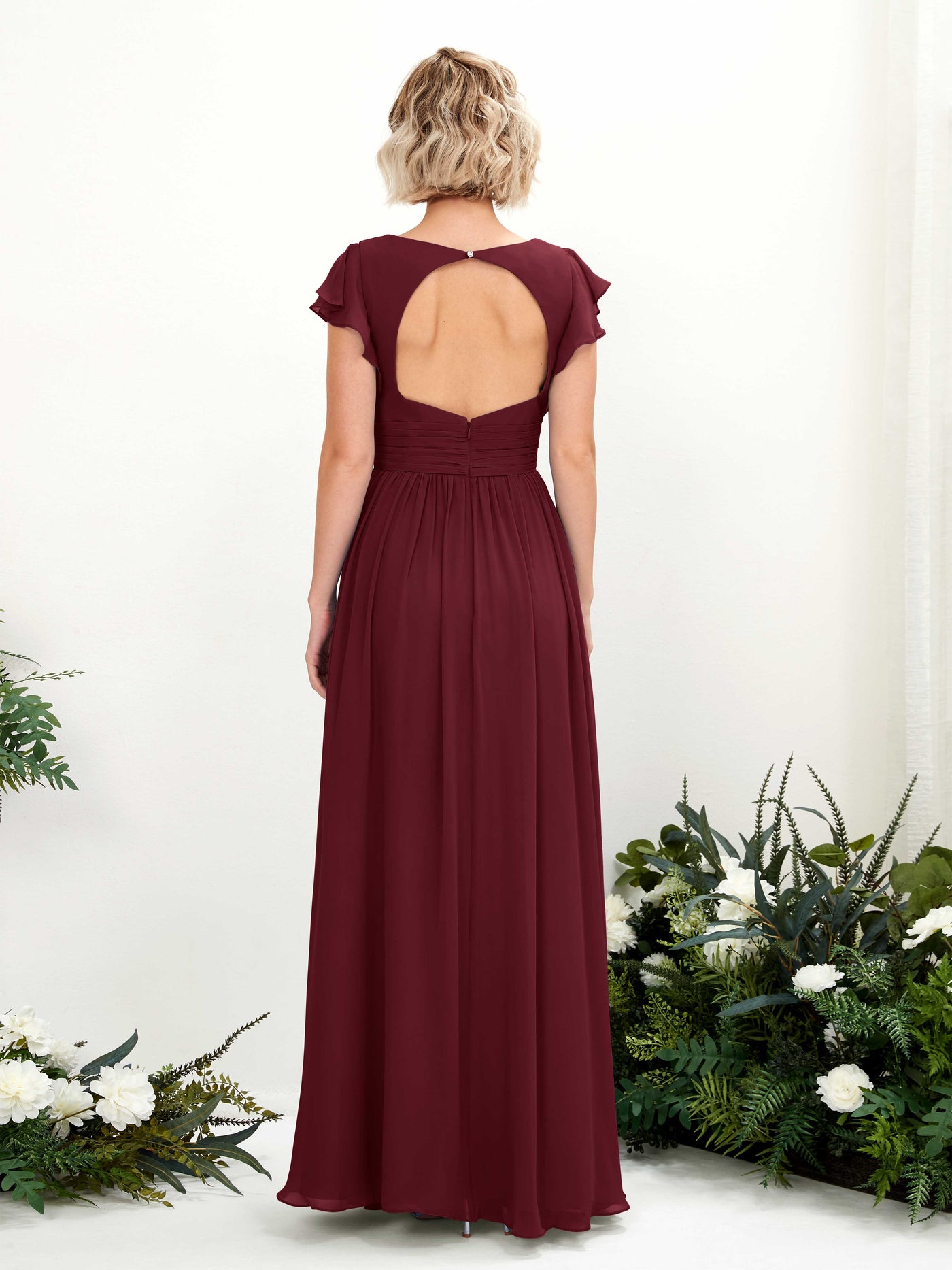 V-neck Short Sleeves Chiffon Bridesmaid Dress - Burgundy (81222712)#color_burgundy