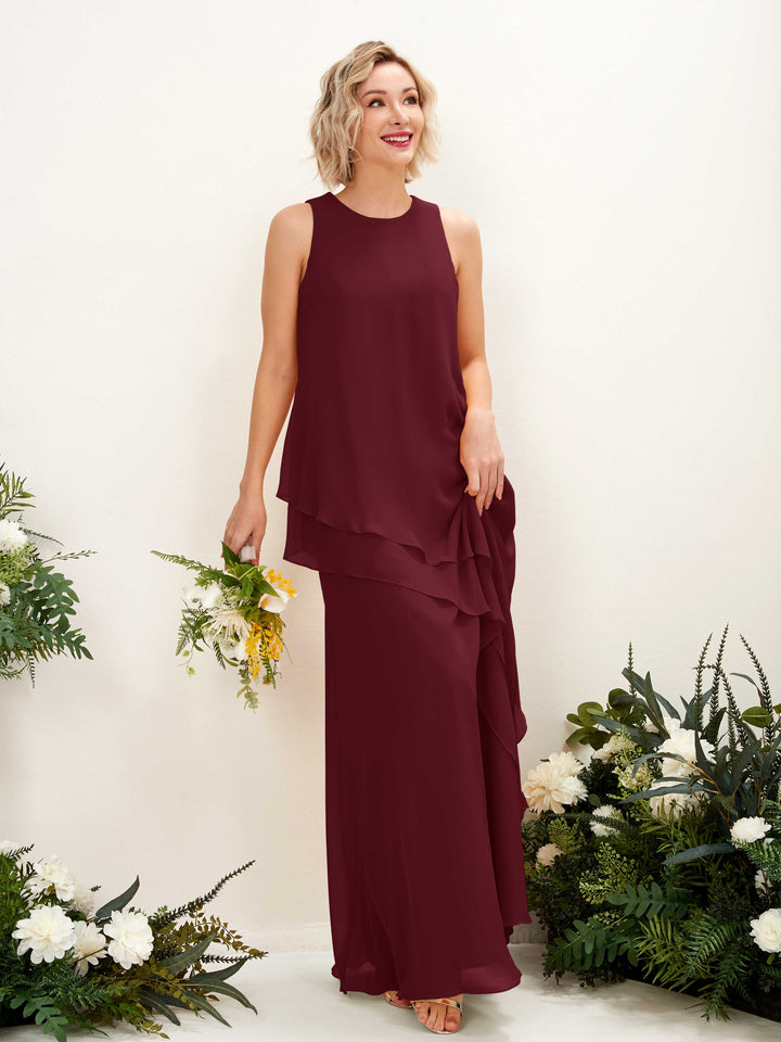 Round Sleeveless Chiffon Bridesmaid Dress - Burgundy (81222312)