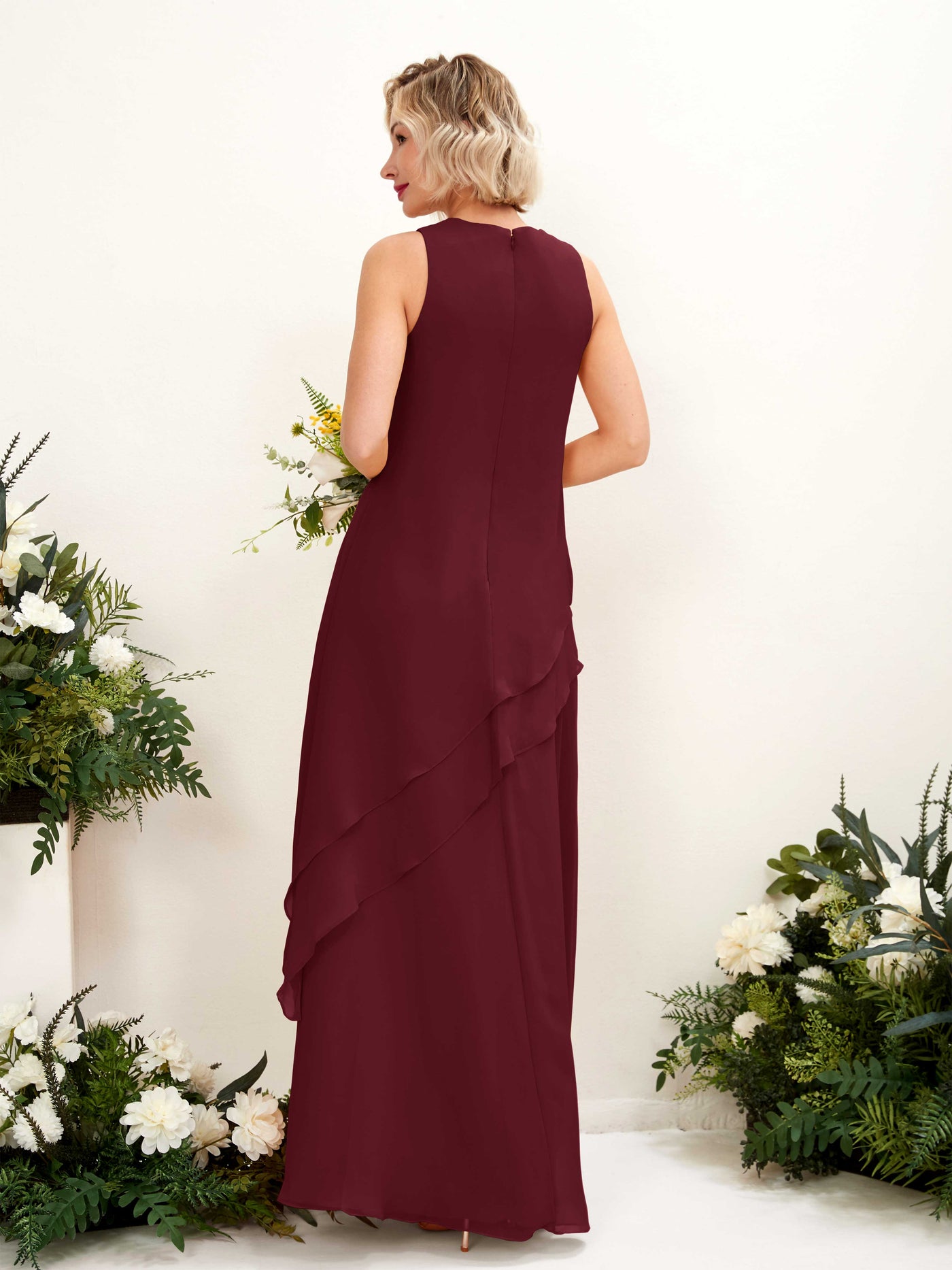 Round Sleeveless Chiffon Bridesmaid Dress - Burgundy (81222312)#color_burgundy